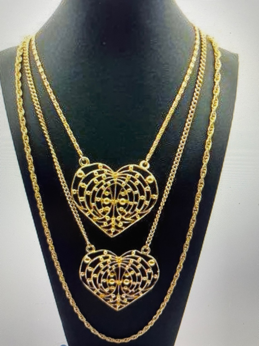 Gold Tone Double Heart Filigree Layered Necklace for Women
